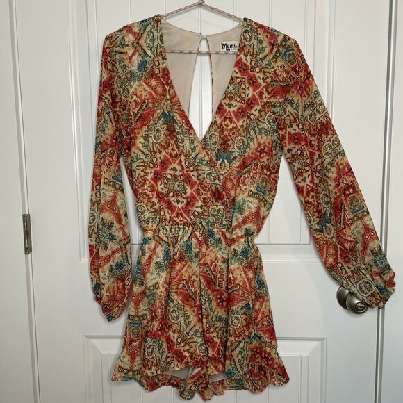 Show Me Your Mumu Romper Deep V Neck Boho Long Sleeve Shorts Ruffle Size XS - Picture 1 of 8